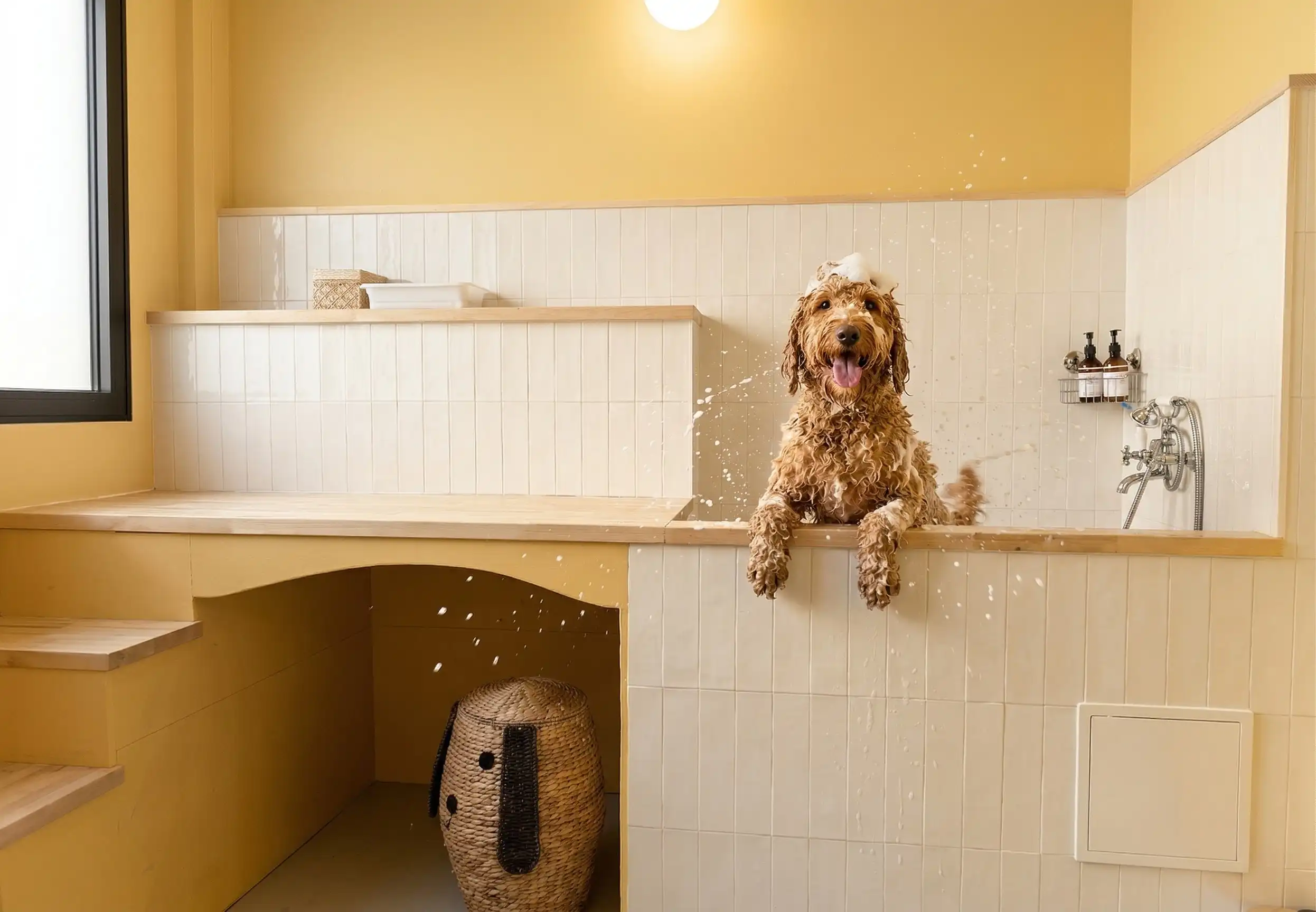 Chien heureux dans le bac de lavage du dogwash Puppy Corner à Metz