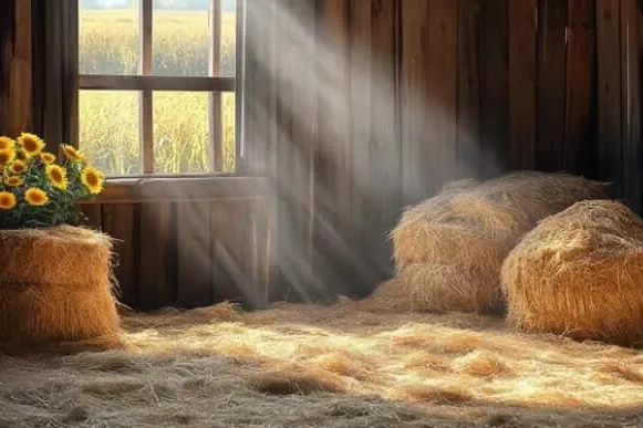 Décor champêtre avec bottes de paille et tournesols pour le shooting photo chien à Puppy Corner